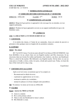Première page de Anglais 6e — 1er devoir surveillé, 1er semestre (2022-2023) · CEG LE NOKOUE