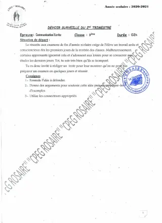 Première page de Français 3e, 3e ML — 1er devoir surveillé (2020-2021) · CPEG ROSAIRE