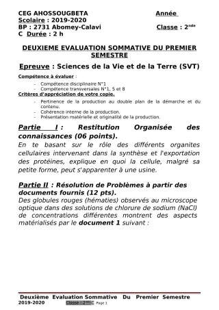 Première page de SVT 2nde C — 2e évaluation sommative, 1er semestre (2019-2020) · CEG Ahossougbéta