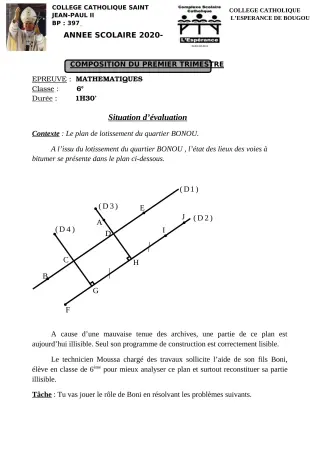 Première page de Mathématiques 6e, 5e, 4e, 4e ML, 2nde A1, 2nde A2, 2nde C, 2nde D, 1ère A1, 1ère A2, 1ère C, 1ère D, Tle A1, Tle A2, Tle C, Tle D — 1re composition, 1er trimestre (2020-2021) · CCJPII DJOUGOU