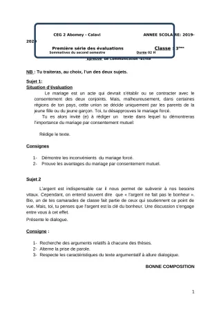 Première page de Français 3e, 3e ML — 1re évaluation sommative, 2e semestre (2019-2020) · CEG2 ABOMEY - CALAVI (CEG ZOCA)