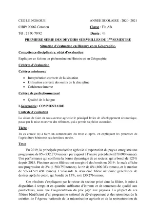 Première page de Histoire-Géographie Tle A1, Tle A2, Tle B — 1er devoir surveillé, 1er semestre (2020-2021) · CEG LE NOKOUE