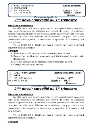 Première page de Français 5e, 4e ML — 2e devoir surveillé, 1er trimestre (2023-2024) · CPEG SAINT Justin