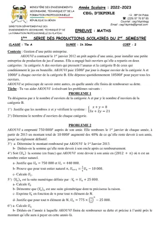 Première page de Mathématiques Tle A1, Tle A2 — Production scolaire, 2e semestre (2022-2023) · CEG1 Ikpinlè