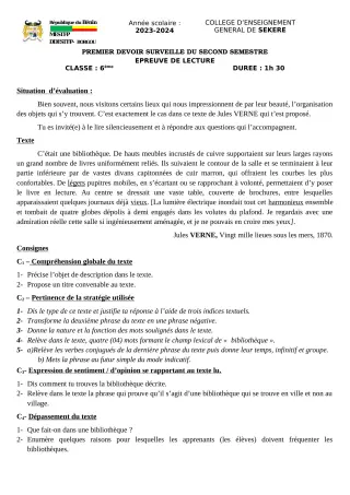 Première page de Français 6e — 1er devoir surveillé, 2e semestre (2023-2024) · CEG SEKERE