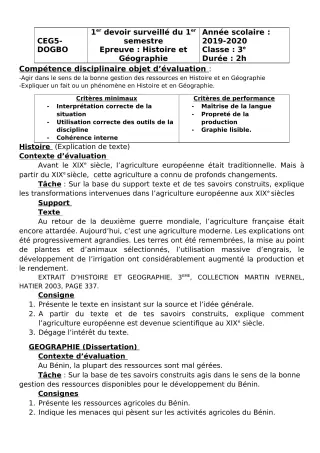 Première page de Histoire-Géographie 3e, 3e ML — 1er devoir surveillé (2018-2019) · CEG5 DOGBO