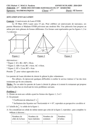 Première page de Mathématiques 4e, 4e ML — 1er devoir surveillé, 2e semestre (2018-2019) · CEG Hubert C. MAGA