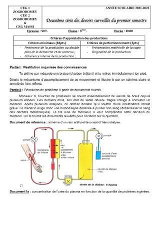 Première page de SVT 3e — 2e devoir surveillé, 1er semestre (2021-2022) · CEG 1 ZOGBODOMEY