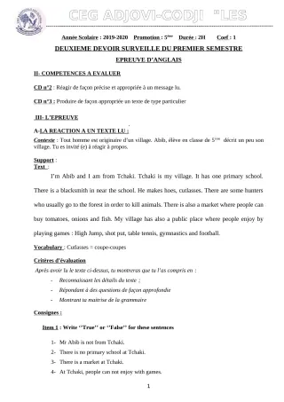 Première page de Anglais 5e — 2e devoir surveillé, 1er semestre (2019-2020) · CEG ADJOVICODJI 'LES OLIVIERS'