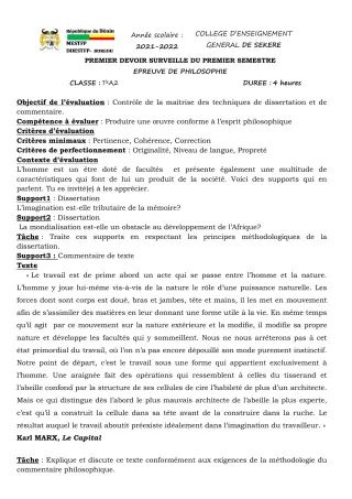 Première page de Philosophie Tle A2 — 1er devoir surveillé, 1er semestre (2021-2022) · CEG SEKERE