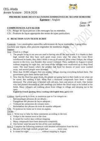Première page de Anglais 3e — 1re évaluation sommative, 2e semestre (2019-2020) · CEG 2 Allada
