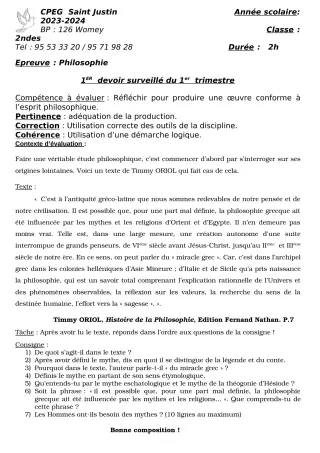 Première page de Philosophie 2nde B, 2nde C, 2nde D, 1ère A2, 1ère B, 1ère C, 1ère D — 1er devoir surveillé, 1er trimestre (2023-2024) · CPEG SAINT Justin