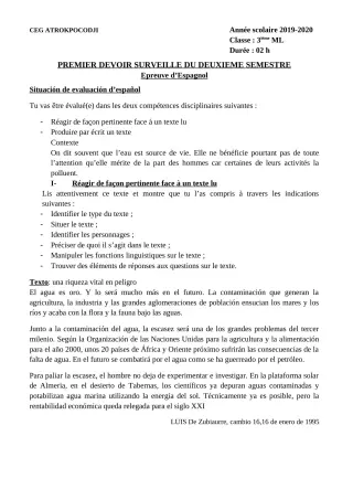 Première page de Espagnol 3e ML — 1er devoir surveillé, 2e semestre (2019-2020) · CEG ATROKPOCODJI