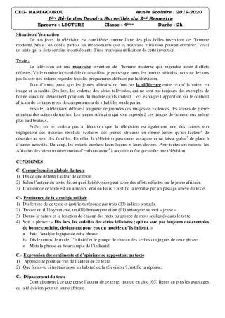 Première page de Français 4e ML&MC — 1er devoir surveillé, 2e semestre (2019-2020) · CEG MAREGOUROU