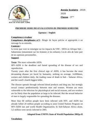 Première page de Anglais 3e ML — 1re évaluation sommative, 1er semestre (2019-2020) · CPEG Ste Thérèse de Zinvié