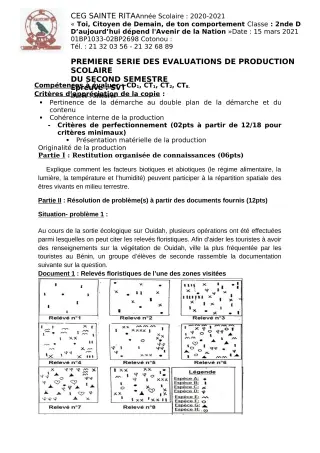 Première page de SVT 2nde D — Production scolaire, 2e semestre (2020-2021) · CEG Sainte Rita