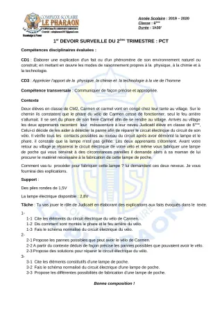Première page de PCT 6e — 1er devoir surveillé, 2e trimestre (2019-2020) · CPEG LE PHARAON