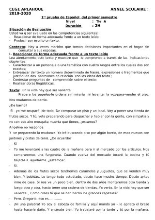 Première page de Espagnol 4e ML, 3e ML, 2nde A, 2nde A1, 2nde A2, 2nde B, 1ère A, 1ère A1, 1ère A2, Tle A1, Tle A2 — 2019-2020 · CEG1 APLAHOUE