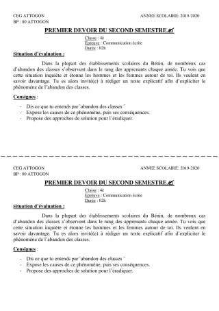 Première page de Français 4e, 4e ML — 1er devoir surveillé, 2e semestre (2019-2020) · CEG Attogon