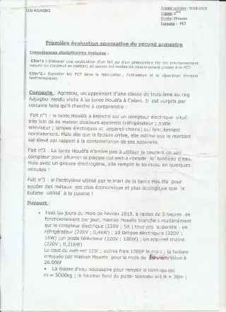 Première page de PCT 3e — 1re évaluation sommative, 2e semestre (2018-2019) · CEG ADJAGBO