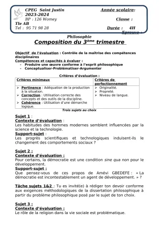 Première page de Philosophie Tle A2, Tle B, Tle C, Tle D — Composition, 3e trimestre (2023-2024) · CPEG SAINT Justin
