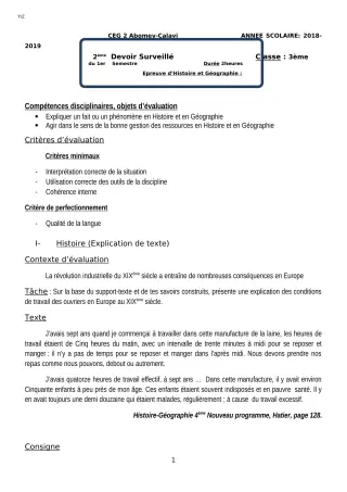 Première page de Histoire-Géographie 3e, 3e ML — 2e devoir surveillé, 1er semestre (2018-2019) · CEG2 ABOMEY - CALAVI (CEG ZOCA)