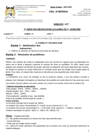 Première page de PCT 3e — 1re production scolaire, 1er semestre (2022-2023) · CEG1 Ikpinlè