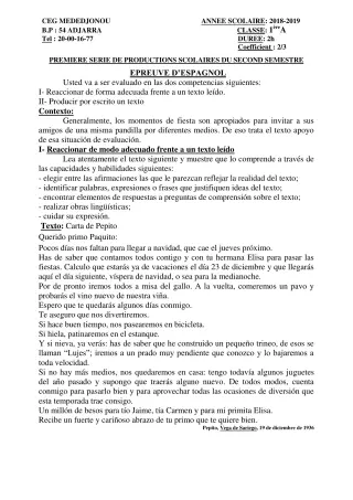 Première page de Espagnol 1ère A — 1re production scolaire, 2e semestre (2018-2019) · CEG Mèdédjonou