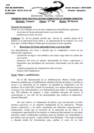Première page de Espagnol 4e ML&MC, 3e ML, 2nde A & B, 1ère A, 1ère B, Tle A1, Tle A2, Tle B — 1re évaluation sommative, 1er semestre (2019-2020) · CEG Dantokpa