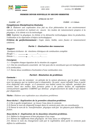 Première page de PCT 6e — 1er devoir surveillé, 2e semestre (2021-2022) · CEG SEKERE