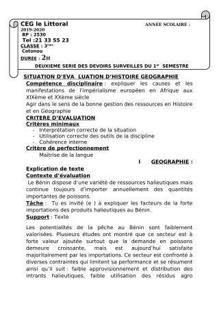 Première page de Histoire-Géographie 3e, 3e ML — 2e devoir surveillé, 1er semestre (2019-2020) · CEG Le Littoral