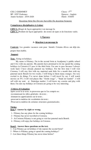 Première page de Anglais 5e — 2e devoir surveillé, 2e semestre (2019-2020) · CEG2 Godomey