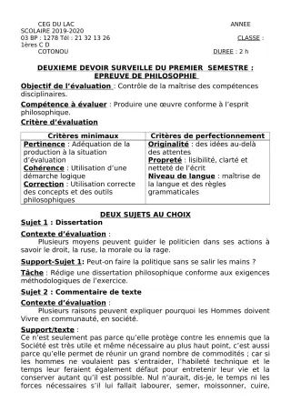 Première page de Philosophie 1ère C, 1ère D — 2e devoir surveillé, 1er semestre (2019-2020) · CEG du Lac
