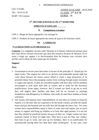 Première page de Anglais 1ère A2, 1ère C, 1ère D — 2e devoir surveillé, 2e semestre (2019-2020) · CEG Yagbe