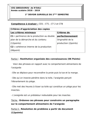 Première page de SVT 6e, 5e — 1er devoir surveillé (2018-2019) · CEG Gbegourou