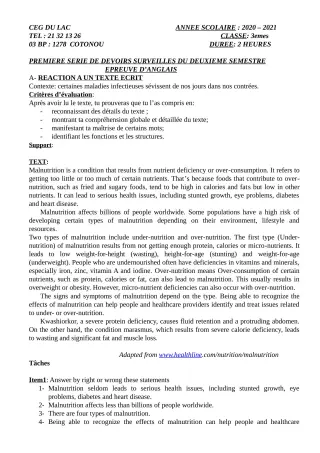 Première page de Anglais 3e, 3e ML — 1er devoir surveillé, 2e semestre (2020-2021) · CEG du Lac