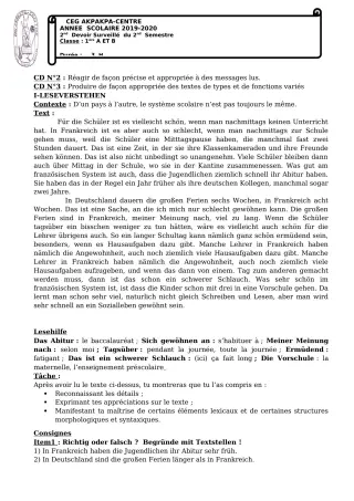 Première page de Allemand 1ère A2, 1ère B — 2e devoir surveillé (2019-2020) · CEG 1 Akpakpa-Centre