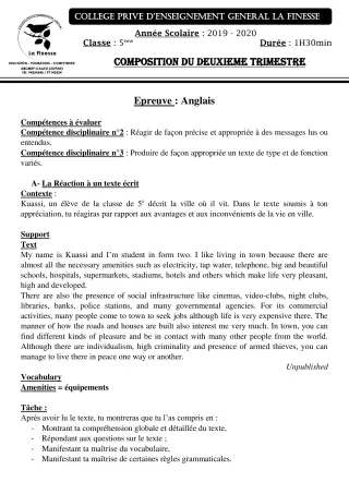 Première page de Anglais 4e — Composition, 2e trimestre (2019-2020) · CPEG La Finesse
