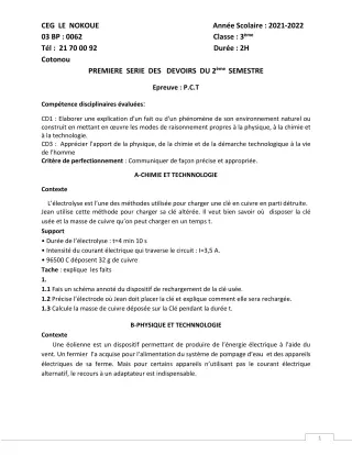 Première page de PCT 3e — 1er devoir surveillé, 2e semestre (2021-2022) · CEG LE NOKOUE
