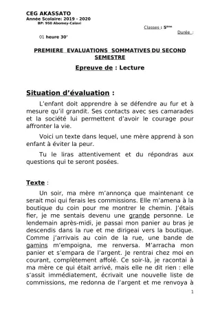 Première page de Français 5e — 1re évaluation sommative, 2e semestre (2019-2020) · CEG Akassato