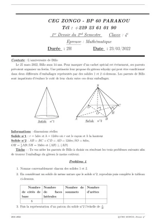 Première page de Mathématiques 4e, 4e ML — 1er devoir surveillé, 2e semestre (2021-2022) · CEG ZONGO