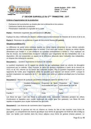 Première page de SVT 1ère C, 1ère D — 1er devoir surveillé, 2e trimestre (2019-2020) · CPEG LE PHARAON