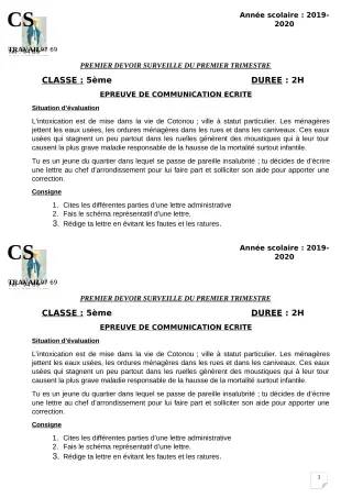 Première page de Français 5e — 1er devoir surveillé, 1er trimestre (2019-2020) · CPEG ROSAIRE