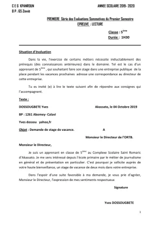 Première page de Français 5e — 1re évaluation sommative, 1er semestre (2019-2020) · CEG Kpanroun