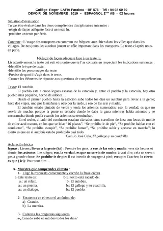 Première page de Espagnol 2nde A1, 2nde A2, 2nde B — Devoir surveillé (2019-2020) · CPEG Roger LAFIA