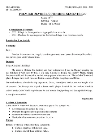 Première page de Anglais 5e — 1er devoir surveillé, 1er semestre (2019-2020) · CEG Attogon