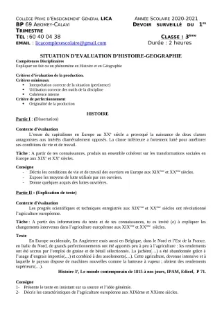 Première page de Histoire-Géographie 3e, 3e ML — 1er devoir surveillé, 1er trimestre (2020-2021) · CPEG LICA