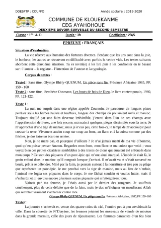 Première page de Histoire-Géographie 2nde A, 2nde A1, 2nde A2, 2nde D, 1ère A, 1ère A1, 1ère A2, 1ère D, Tle A & B, Tle A1, Tle A2, Tle D — 2e devoir surveillé, 2e semestre (2019-2020) · CEG AYAHOHOUE