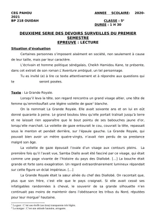 Première page de Français 5e — 2e devoir surveillé, 1er semestre (2020-2021) · CEG PAHOU