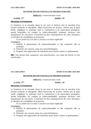 Première page de Français 4e, 4e ML — 2e devoir surveillé, 1er semestre (2019-2020) · CEG GBEGAMEY
